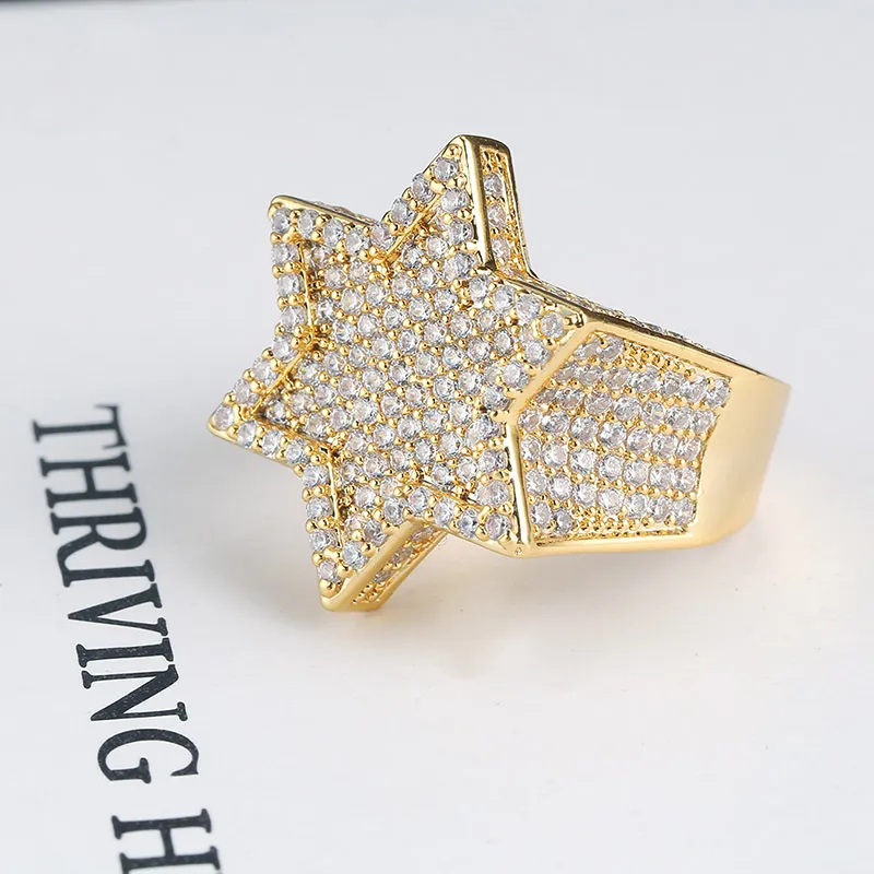 Real Gold & White Gold Plated Mint Green Iced Out Cubic Zirconia Hexagonal Star Finger Band Ring Bling Diamond Street Rapper Ring 237i