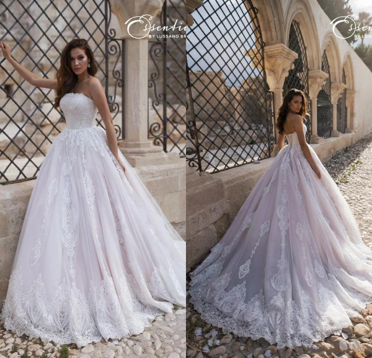 A Strapless Line Wedding Dresses Lace Up Back Appliqued Bridal Gown Sweep Train Beach Country Robe De Mariee ppliqued
