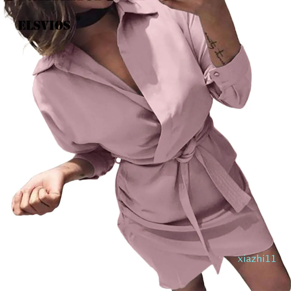 ファッションエルズヴィオス2019女性夏のシャツのドレスカジュアルな堅い長袖ターンダウンカラーハイストリートドレス羽毛エレガントなオフィスドレス