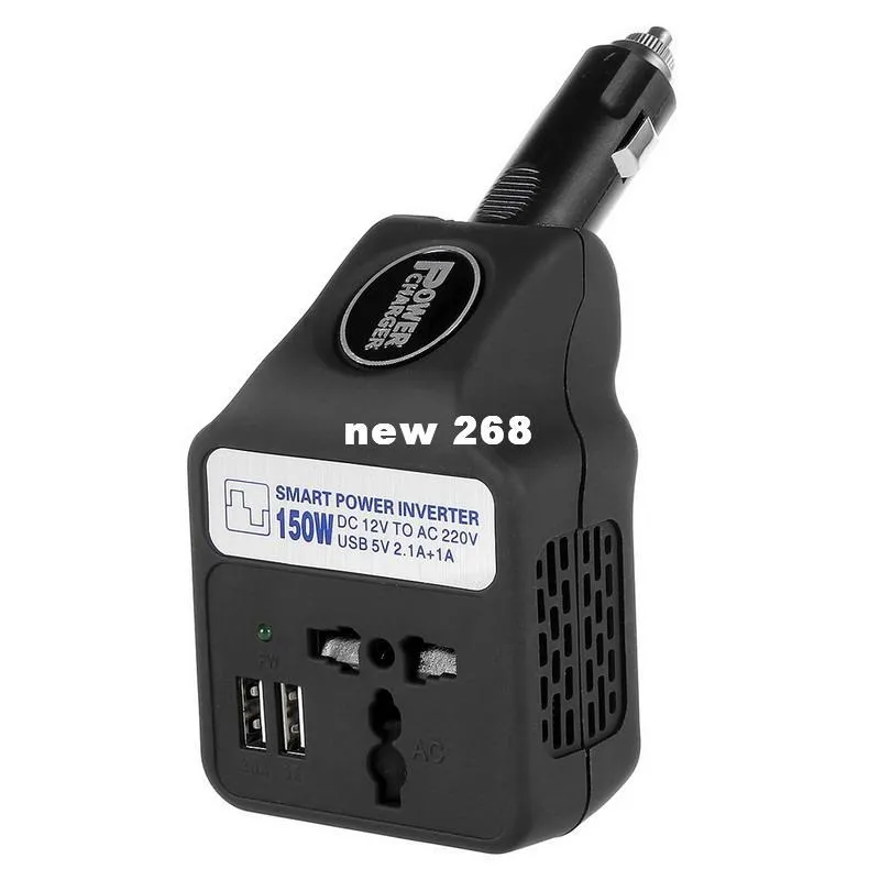 Freeshipping R1B1 150W DC 12V naar AC 220V Auto Smart Power Inverter W / Dual USB / AC-socket zwart