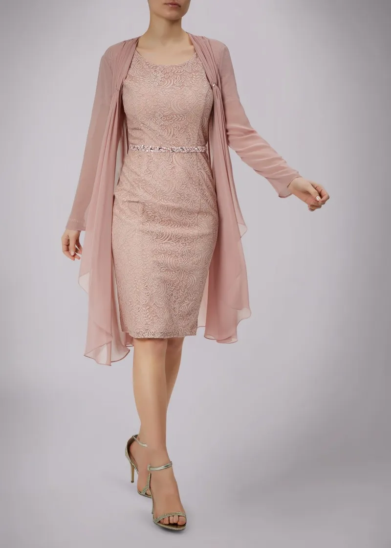 Spitzen-Mutter der Braut-Kleider mit Chiffon-Jacke, kurzärmlig, Mutter-Bräutigam-Kleider, Perlen-Schärpe, Hochzeitsgast-Kleid