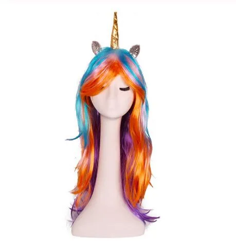 Rainbow Unicornかつらカラフルな長い巻き毛の顧客のコスプレ偽の髪の誕生日の父親のパーティーデコレーションマスクパーティーのお支持GB1269