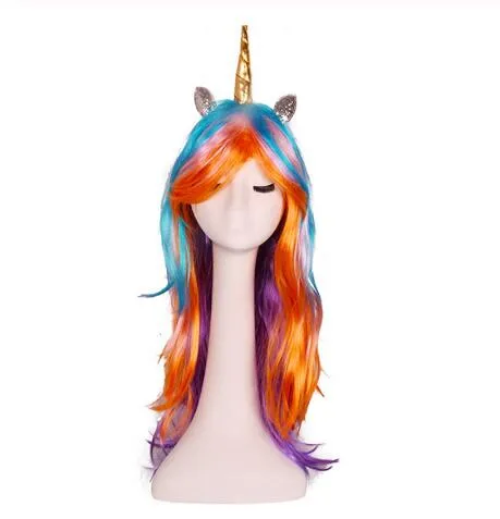 Arc-en-Licorne Perruque Coloré Long Bouclés Custume Cosplay Faux Cheveux Anniversaire Bachelorette Party Décoration Masque Party Favoration GB1269