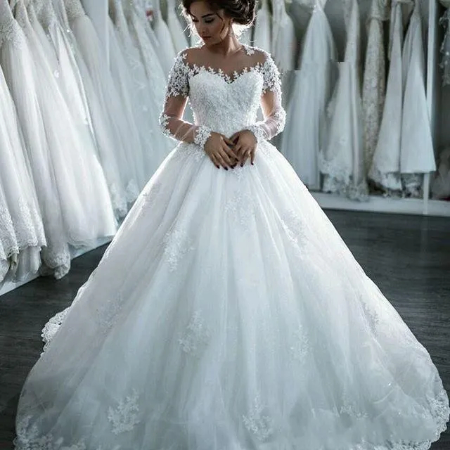 2020 novo vestido de bola africano vestidos de casamento lace apliques miçangas mangas compridas vestidos de noiva varrer botão de trem de volta vestido de convidado de casamento personalizado