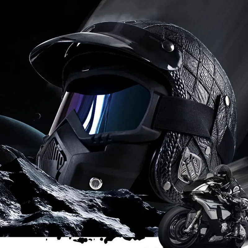 PU Leather Motorcycle Helmets Chopper Bike Half Helmet Open Face
