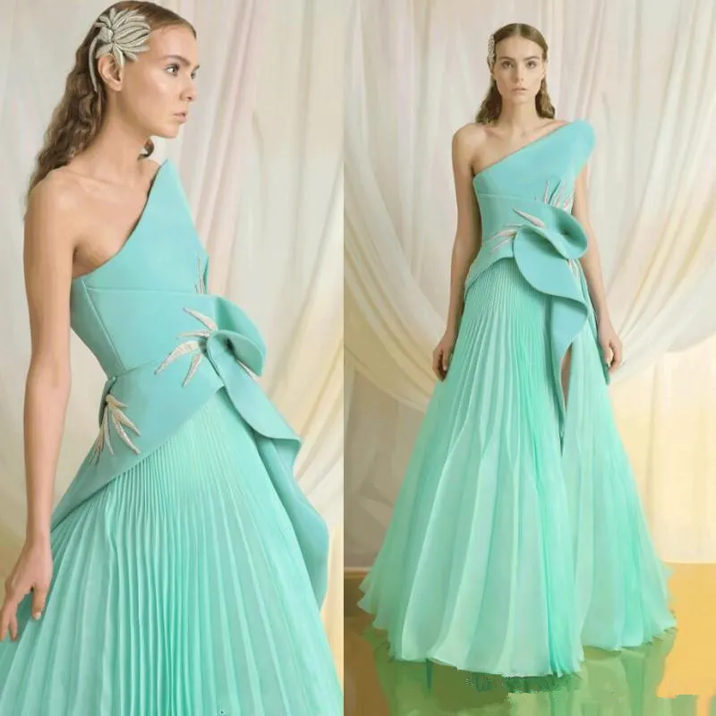 Mint Green One Shoulder Prom Dresses Ruched Satin And Chiffon Pleated