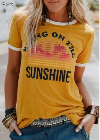 Femmes basique t-shirt col rond manches courtes apporter sur le soleil imprimé t-shirts femme décontracté été hauts Camisetas