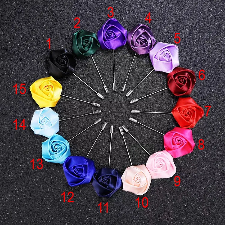 Flower Lapel Pin Rose for Wedding Handmade Boutonniere Stick Boutineers for Men 15Pcs Assorted Color