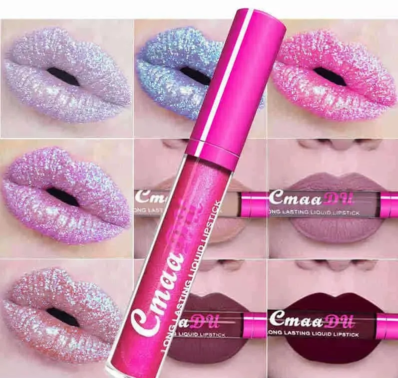 Cmaadu Flash Glitter Lip Gloss 12colors Wodoodporny długotrwały, połyskowy matowy odcień do warg błyszczącego liquid szminka fioletowa niebieska