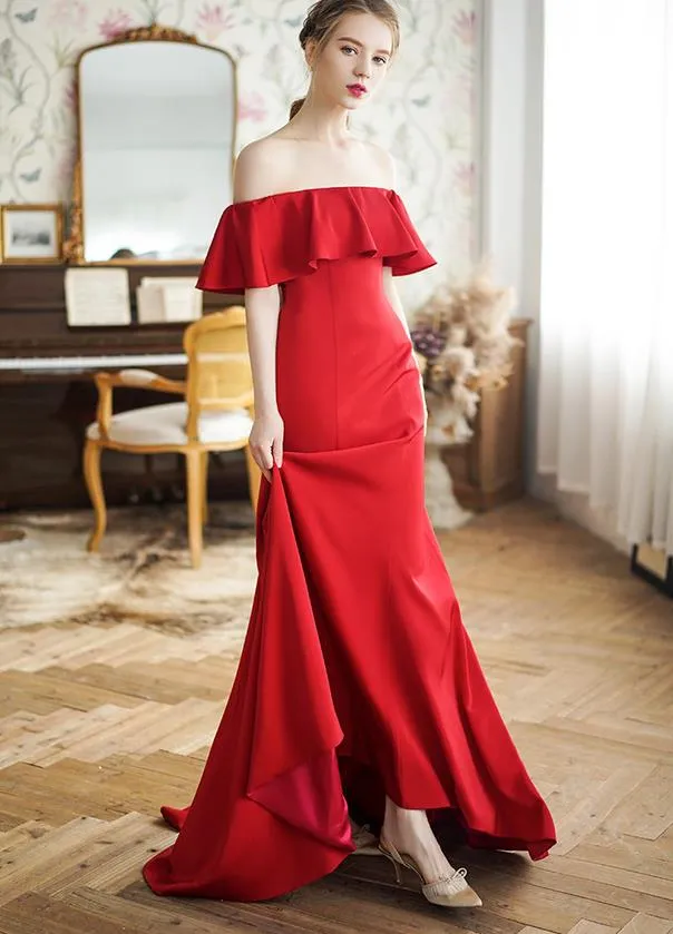 Dark Red Satin Mermaid Elegant Red Evening Dresses with Off-Shoulder and Lace-Up Back - Perfect for Banquets, Proms, and Formal Events - in Stock