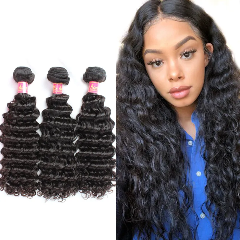 3 Bundles Peruvain Less Short 100% Unprocessed Deep Wave Virgin Hair Natural Color Weaves Extensions 9A