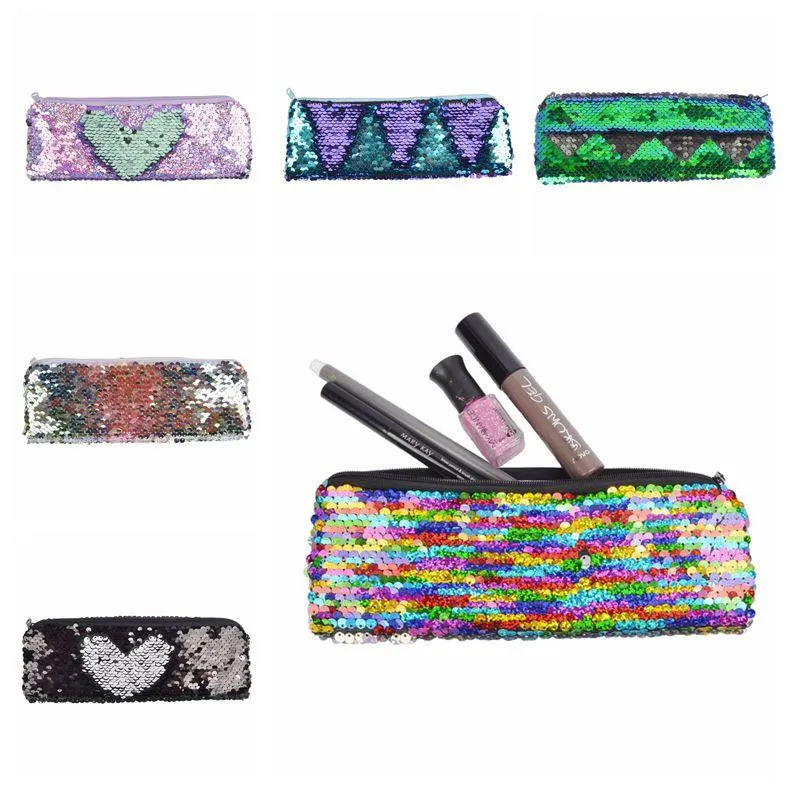 Mermaid Sequins Makeup Pouch For Women Cute Pencil Case Student Zipper Clutch Handbag Cosmetic Storage Bag Pencil Bags CCA11870-C 120pcs