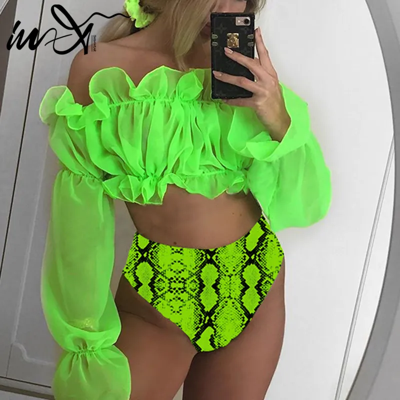 In-X Sexy bikini verde neon Costume da bagno a maniche lunghe in maglia Bikini a vita alta 2020 Costumi da bagno con stampa serpente Costume da bagno da donna