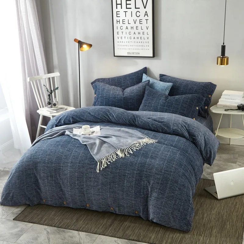 Cotton Fleece Sleep Warmth Bedding Set Queen King Size Navy Blue