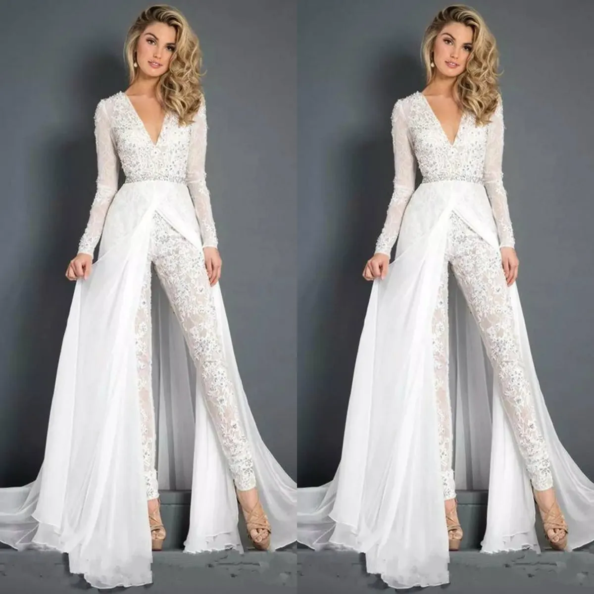 2019 Nieuwe Kant Chiffon Trouwjurken Jumpsuits Met Overrok Bescheiden V-hals Lange Mouwen Kralen Riem Strand Toevallige Jumpsuit Bruidsjurken