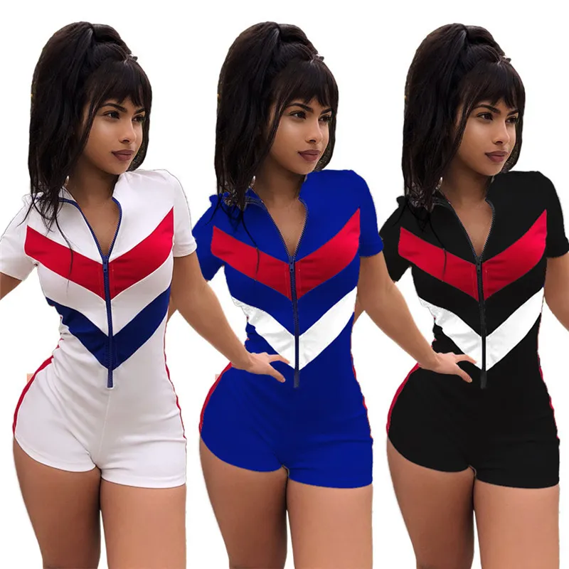 Fashion Girls Jumpsuit Short Sleeve Zipper Rompers Shorts Summer Bodycon Jumpsuits V Neck One Piece Bodysuit Party Clubwear Romper