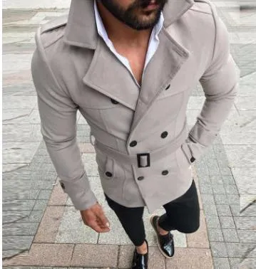 패션 - 남성 자켓 2019 새로운 도착 남성용 셔츠 옷깃 더블 브레스트 남성 의류 캐주얼 재킷 벨트 스탠드 칼라 긴 소매 탑