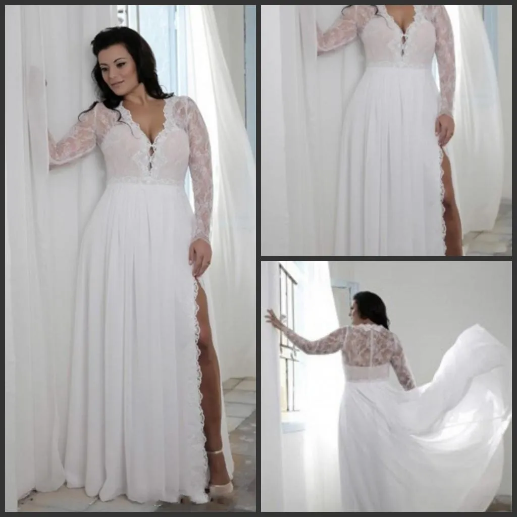 2019 Abiti da sposa taglie forti Guaina divisa Scollo a V Illusione Pizzo Maniche lunghe Abiti da sposa Bohemian Boho Spose Abiti formali Economici