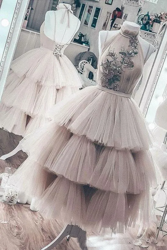 Ball Gown Nude Tulle Evening Gowns Short Tea-Length Party Dress Tiered Skirts Backless Evening Dresses robe de soiree vestidos de fiesta