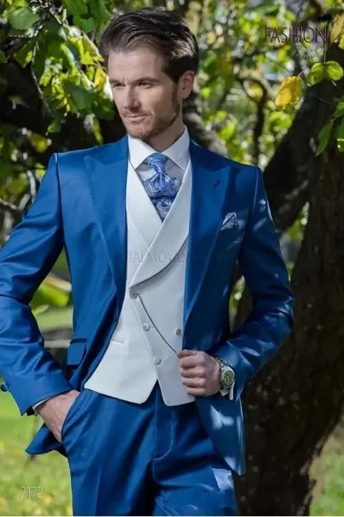Tuxedos de marié bleu à un bouton, nouveau Style, costumes à revers pour hommes, Blazer de bal (veste + pantalon + gilet + cravate) NO: 2018