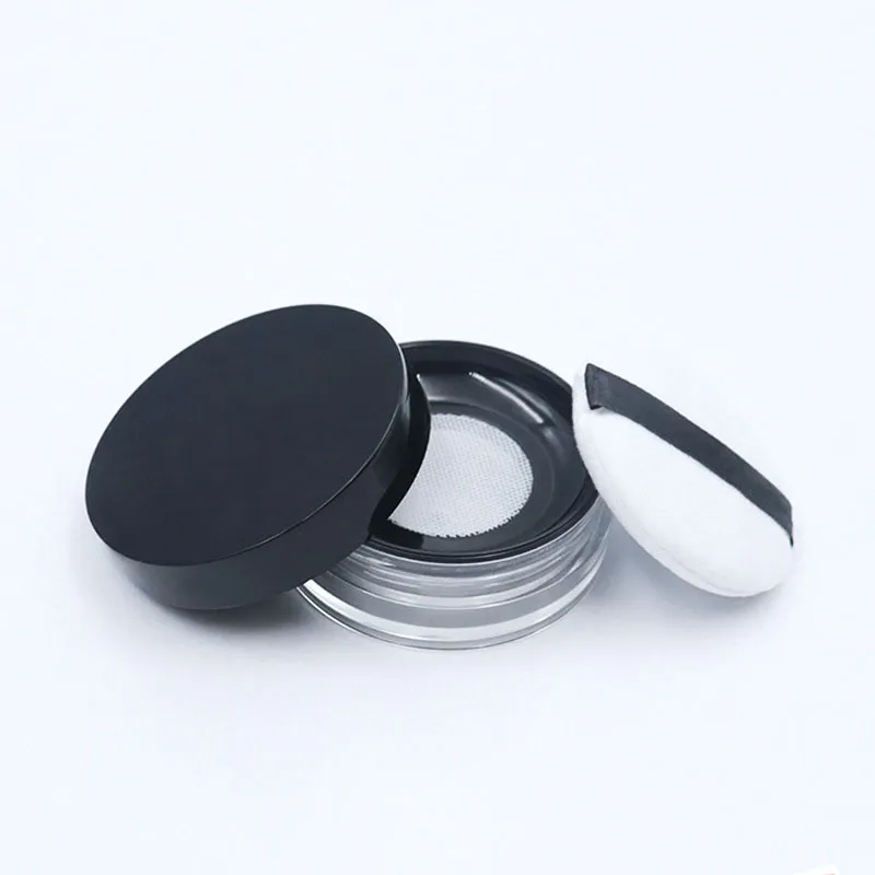 Behälter für 10 g loses Pulver mit elastischem Netz, schwarzer Schraubverschluss, Sieb, Netzglas, tragbares Kosmetik-Puderetui