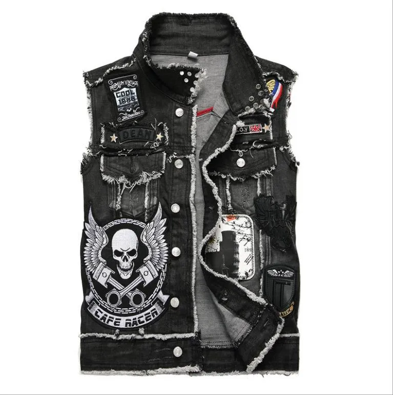 Heren punk denim vesten zwarte schedel borduurwerk denim vest slanke fashion jeans mouwloze jas mannelijke vest tops Aziatische maat