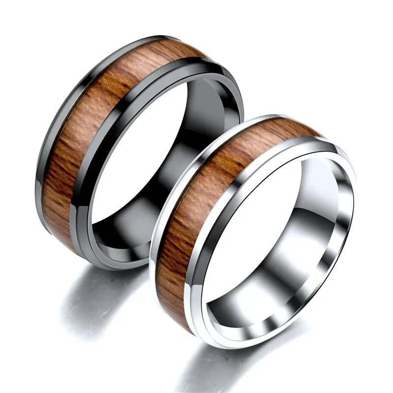 Mäns Titanium Ring Bröllop Band Engagement Ring Wood Inlay 8mm Comfort Fit Storlekar 6 till 13