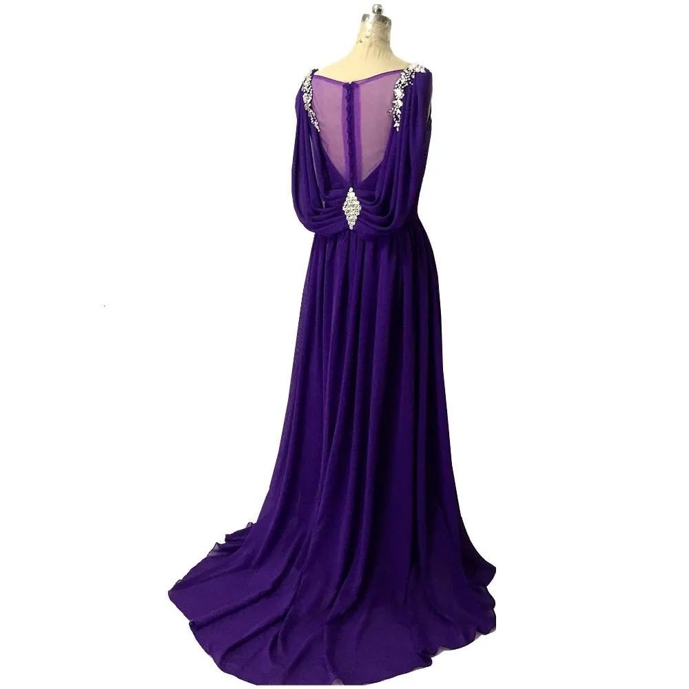 2020 robes de demoiselles d'honneur violettes perles cristal plissé col en V robe de soirée de bal avec des enveloppes longue robe d'invité de mariage formelle demoiselle d'honneur