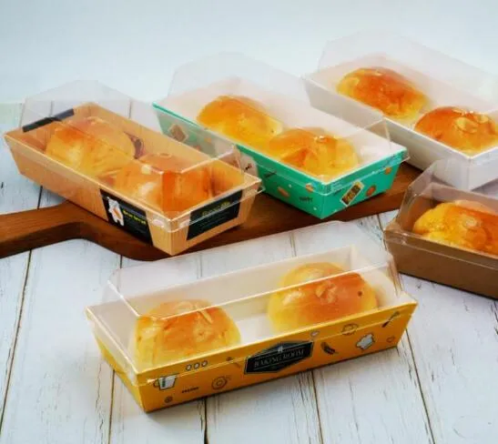 Ectangular Bread Cake Sandwich Snack Wrapping Boxes med klart plastlock Engångs kartongförpackningslåda för fest s