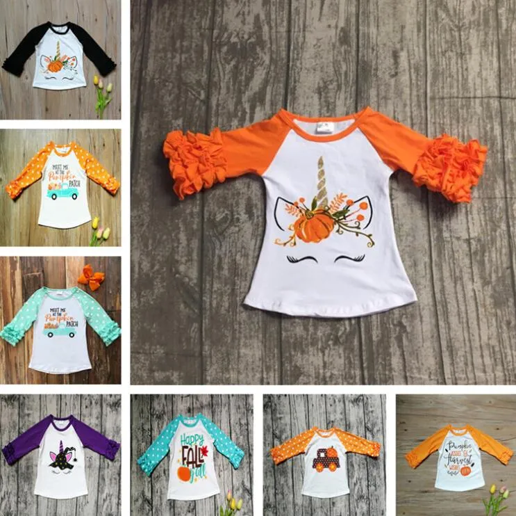 Halloween Girl Clothes Fall Girls Ruffled Mouw T-shirts Peuter Baby Unicorn Letter Pumpkin Auto Katoenen Raglan Tops Kinderkleding By1331