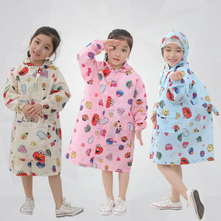 Girls Jacket Raincoat Cartoon Theme Sesame Street Printing Rainwear Waterproof Transparent Brim One-piece Suit Kids Raincoat