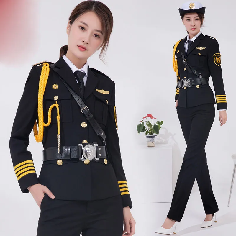 Spring High lugar grau Mulher Segurança uniforme Lady Aeroporto Ternos de trabalho serviço cerimônia Vestuário propriedade uniforme + Acessórios