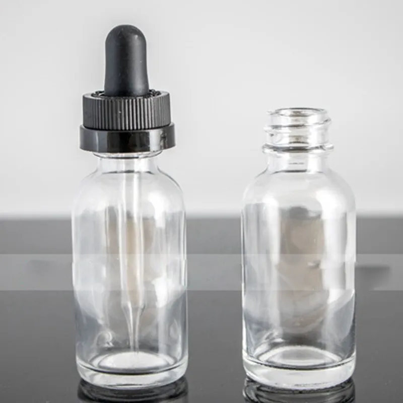 Flacone per pipetta in vetro da 30 ml, contagocce, fiala di olio essenziale trasparente da 1 oz con tappo nero CR sicuro