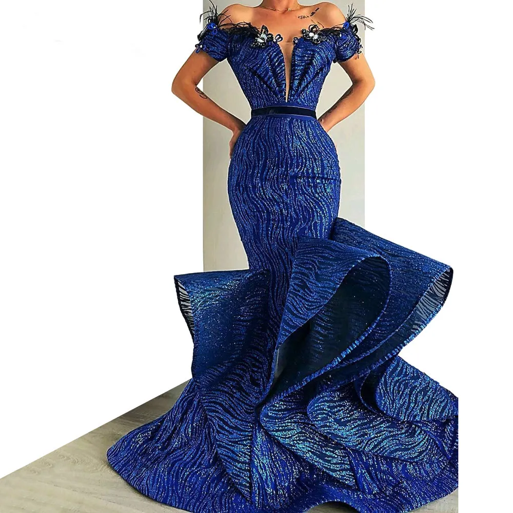 Elegancki Off The Ramię Piórko Mermaid Prom Dress Płatek Ruffles Koronki Formalna Party Suknie Wieczorowe Robe de Soiree Kaftan Dubai Dress 2020