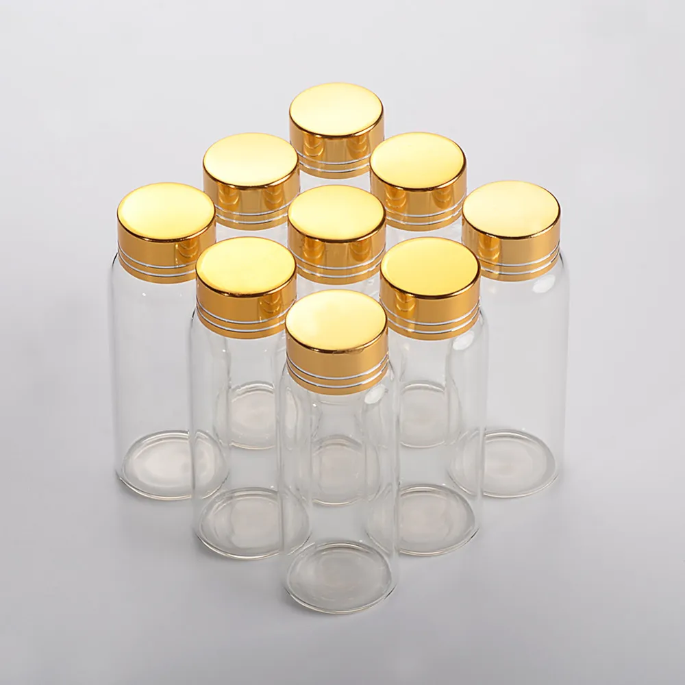 27 * 70 mm 24 piezas 25 ml Botellas de vidrio Tornillo de aluminio Tapa dorada Vacío Transparente Líquido Contenedor de regalo Frascos de botellas de deseos