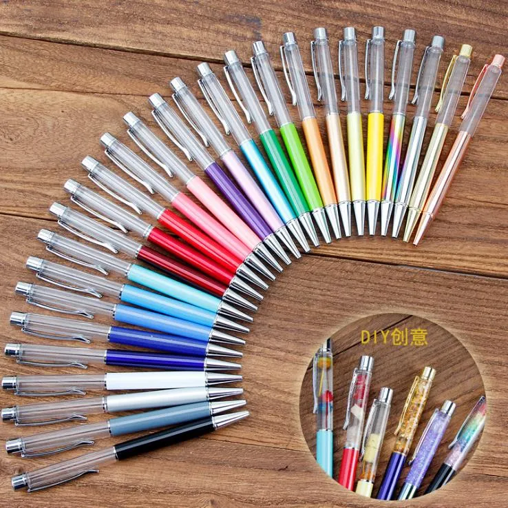 Skriva gåva DIY Tomt Tube Metal BallPoint Pennor Självpåfyllning Flytande Glitter Torkad Blomma Kristallpenna BallPoint Pennor 28 Färg