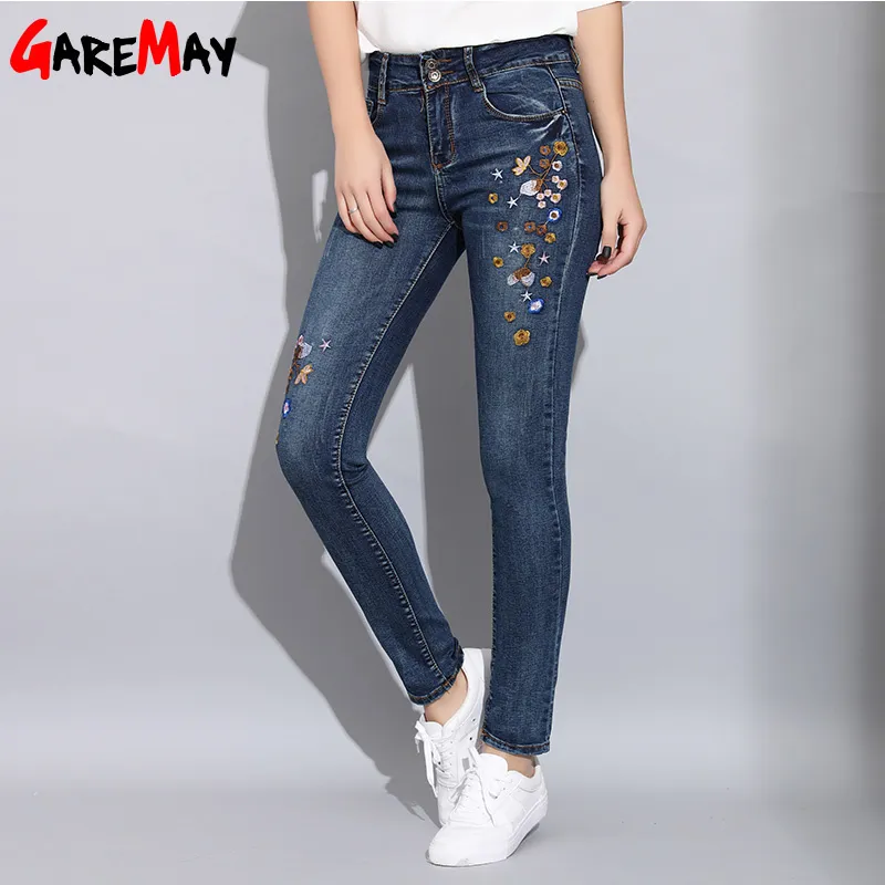 Garemay Skinny Haftowane Dżinsy Kobieta Wiosna 2019 Denim Stretch Damskie Dżinsy Hafty Mujer Moda Slim Dżinsy dla kobiet Y19042901