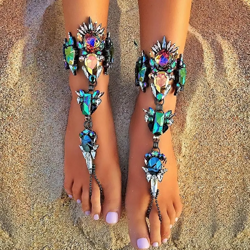 Hot Fashion Wedding Cavigliera a piedi nudi Sandali Piede da spiaggia Gioielli Sexy Pie Leg Chain Cavigliera di cristallo Boho femminile per le donne