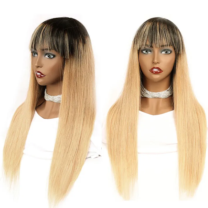 Perruques de cheveux humains sans colle colorées 1B / 27 avec frange 150% Ombre Blonde droite crue indienne Remy entièrement faite à la machine perruque non en dentelle pour les femmes noires