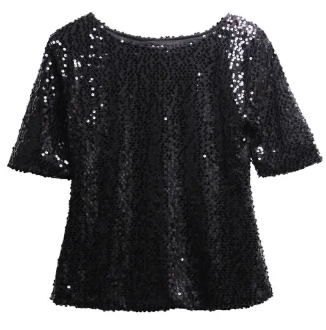 Fashion Women Summer Loose Top Half Sleeve Sparkle Glitter Blouse Ladies Casual Loose Sequined Pullover Tops Blouse Black Sliver