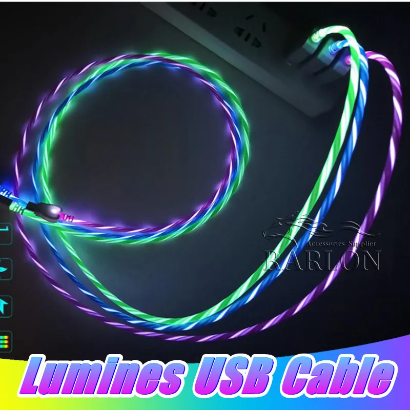Nieuwe Micro USB-kabel 1m 3ft LED Rechts Type C Kabels Stromende LED Licht Micro USB Sync Data Charger-kabel voor Android Samsung LG Smartphone