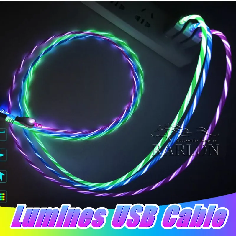 Ny Micro USB-kabel 1m 3FT LED Rätt typ C Kablar Flödande LED Light Micro USB Sync Data Charger Kabel för Android Samsung LG Smartphone