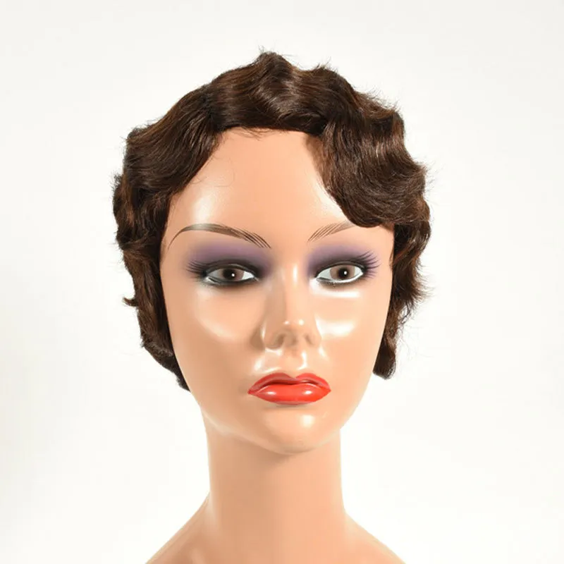 99J Burgundy Short Finger Wave Mommy Wigs Human Hair Pixie Cut Bob Non Lace Wigs 232W