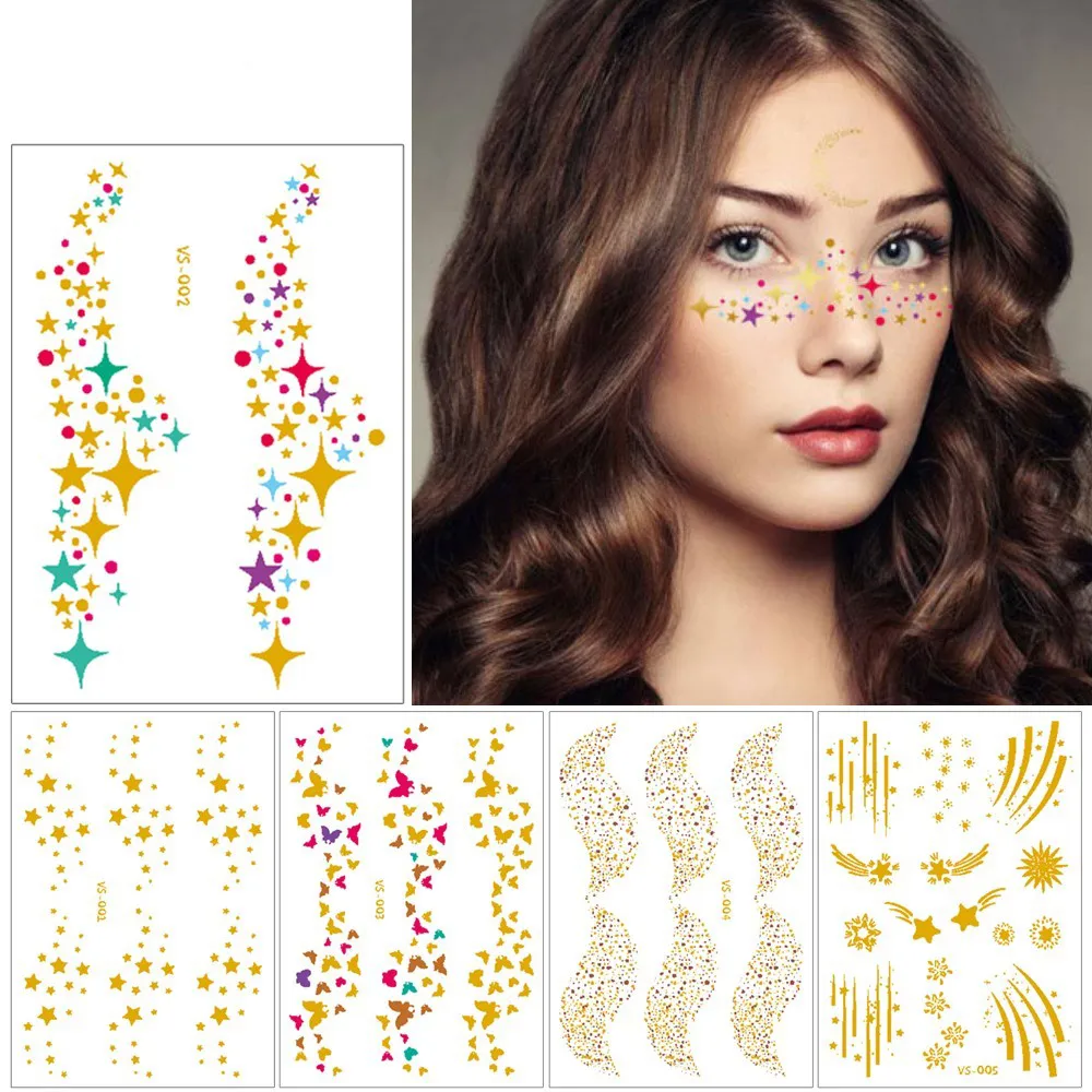 1 Temporary Tattoo Face Sticker Metallic Fake Tatoo Flash Tatto Waterproof Small Body Art Women 10 Designs