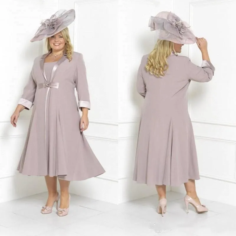 Plus Size Mother Of The Bride Dresses with Long Jacket Vintage 3/4 Sleeve Tea Length Wedding Guest Dress Mother Of Groom Dress BC2646