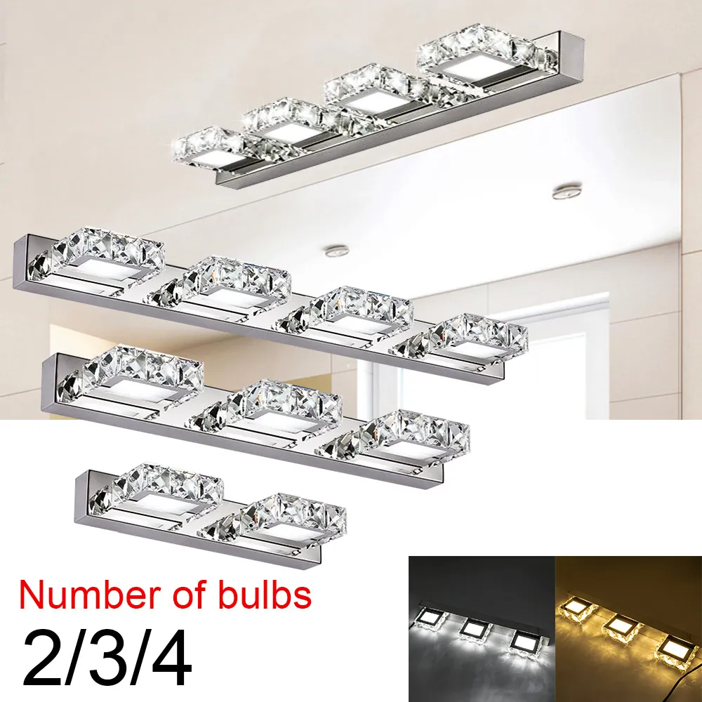 USA Stock inomhusbelysning LED -vägglampor 6W 9W 12W Fyra lampor Crystal Surface Badrum Lampan Vitt ljus Silver