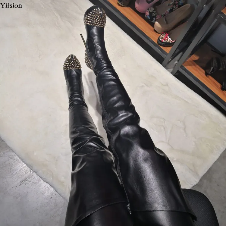 Rontic femmes sur le genou bottes talons aiguilles bottes Sexy Rivets bout pointu magnifiques chaussures noires femmes Plus taille américaine 5-15