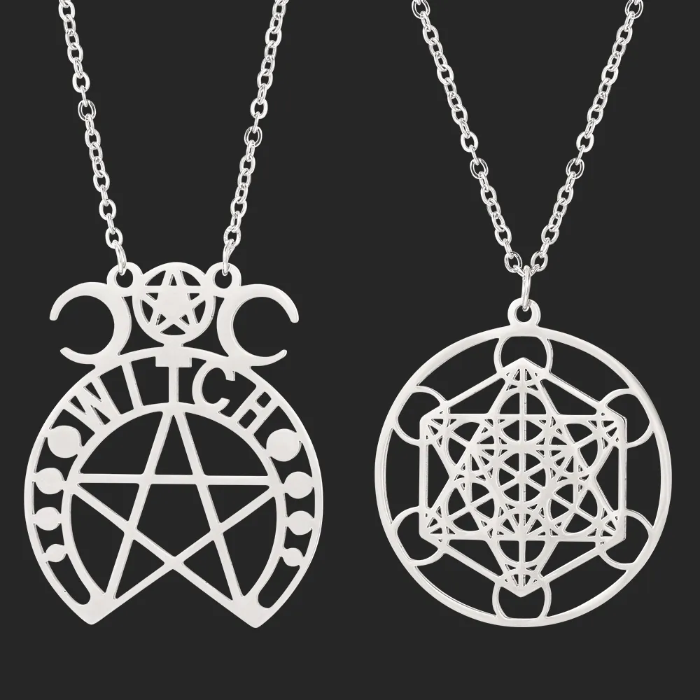 Antique Silver Pentagram Pentacle Pendant Necklace Stainless Steel Supernatural Goddess Of The Moon Necklace Choker Jewelry Gift