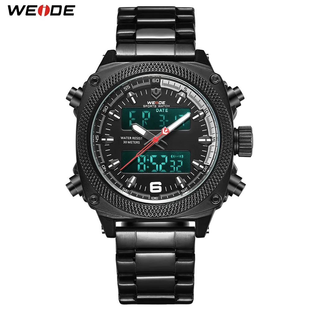 Weide Mens 스포츠 자동 데이트 주간 디스플레이 디지털 쿼츠 스테인리스 스틸 밴드 벨트 손목 시계 검은 시계 relogio masculino 시간