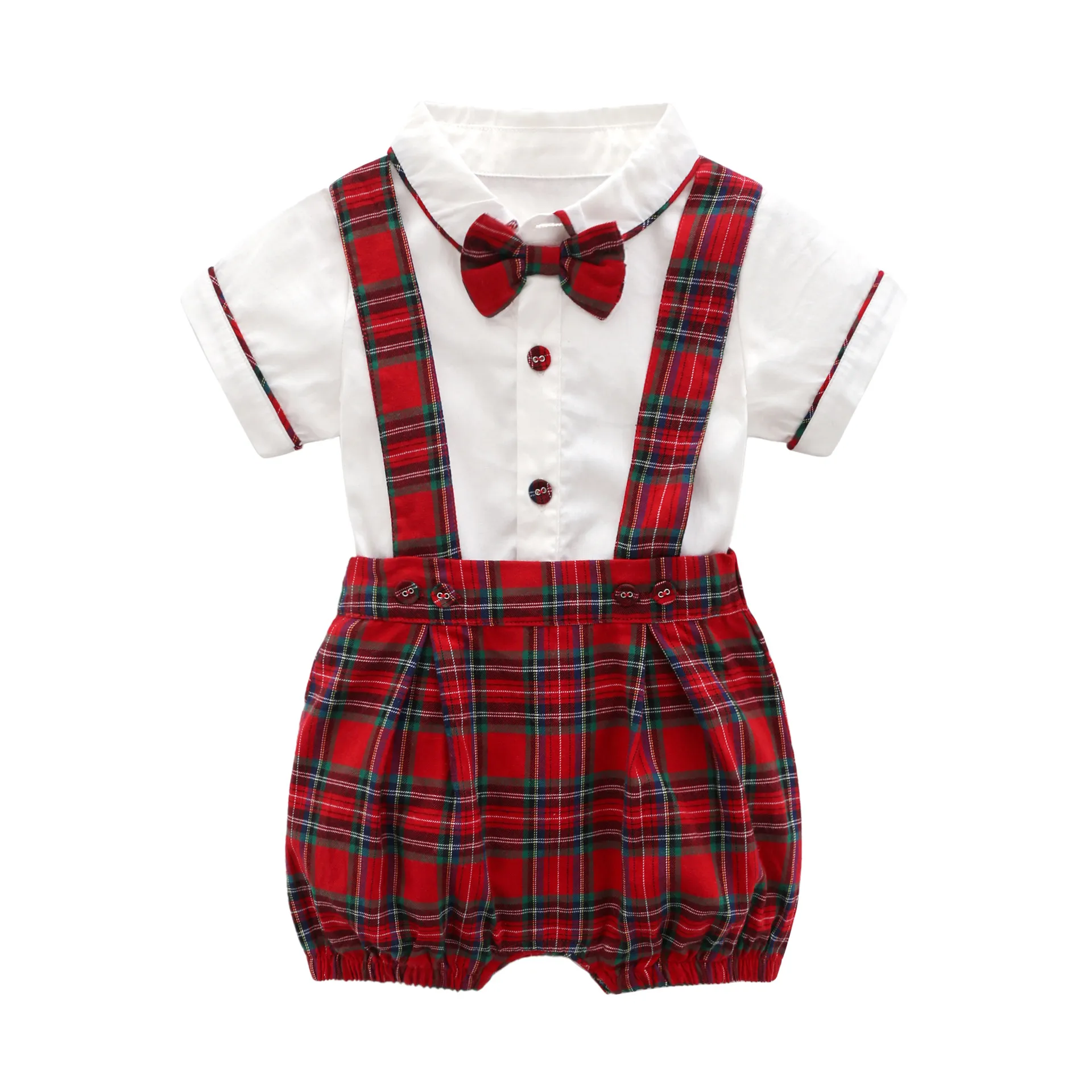 Baby Boy Gentleman Clothing R couper ensembles bown bown Collar Short Sleeve Rober + Red Plaid Pant 100% coton Kids Summer Vêtements Summer